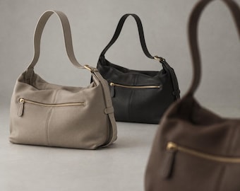 Top-Grain Leather Shoulder Bag, Adjustable Strap, Black, Dark Brown or Taupe — EL03