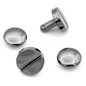 May include: Four black metal rivets with a flat round head and a post. The rivets have a shiny finish.