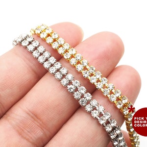 2 rows Clear Rhinestone Trim Silver Gold Tone, Crystal Trim, Rhinestone Chain, Cup Chain 1 Yard