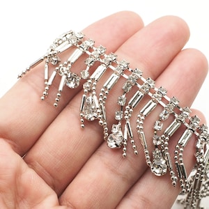 Finiture con frange di strass trasparenti tono argento, finiture in cristallo, catena di strass, catena a tazza da 1 metro