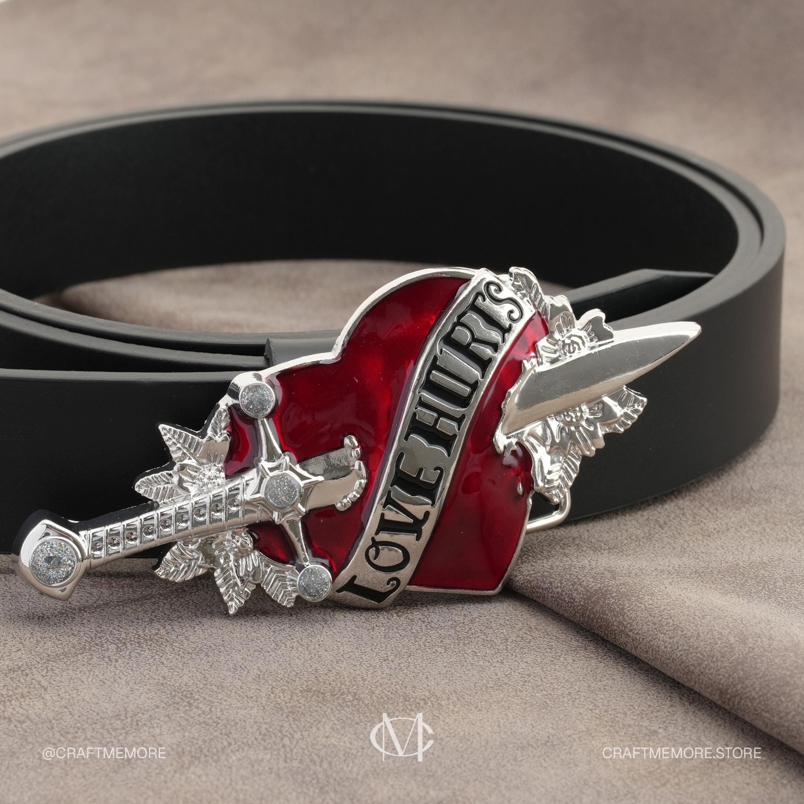 Love Hurts Belt Buckle – Red Heart With Sword | Rockabilly Gothic