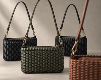 Handwoven Leather Shoulder Bag, Full-Grain Cowhide, Two Sizes, Adjustable Crossbody Strap Included