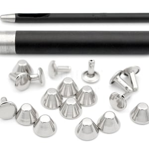 Set of 10mm Flat Cone Purse Feet Rivet Setter Snap Leather Craft Tool with 10pcs Silver Rivets