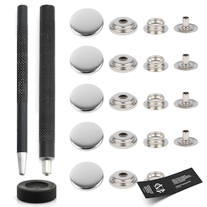 Kit de ferramentas para aplicação de botões de pressão – com 10 botões de pressão de argola prateados, para couro e tecido.