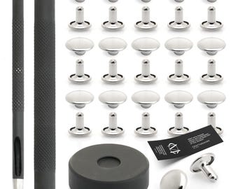 Double Cap Rivet Setter Tool Kit - 100 Silver Rivets, Multiple Sizes
