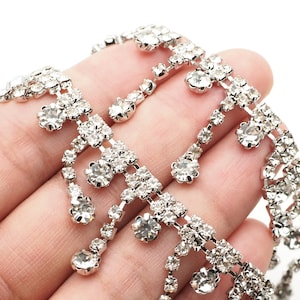Finiture con frange di strass trasparenti tono argento, finiture in cristallo, catena di strass, catena a tazza da 1 metro