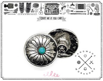 2PCS 3/4 Inch Flower Conchos Turquoise Dot Round Shape Silver Plated Metal Castings Screw Back Button
