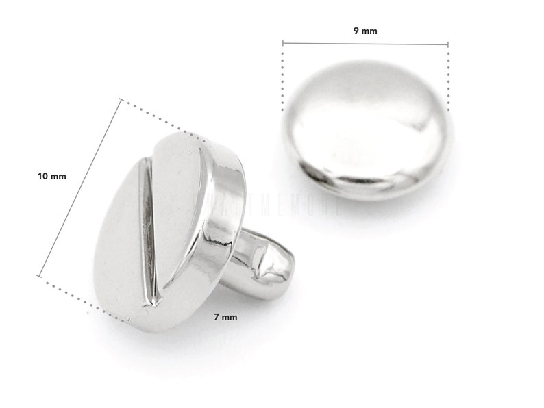 May include: Silver metal button with a flat, round top and a slightly domed bottom. The button is 9 mm in diameter and 7 mm in height.