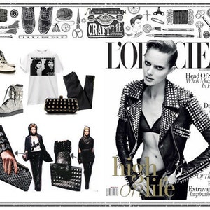 May include: A magazine cover with a black and white photo of a woman wearing a black leather jacket with silver studs. The magazine is titled "L'Officiel" and the text "high on life" is printed in gold letters. The magazine cover also features the text "Head of States Who's Moving Up In Fashion" and "14 Days To A Hot Bod".