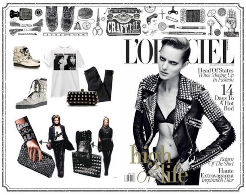 May include: A magazine cover with a black and white photo of a woman wearing a black leather jacket with silver studs. The magazine is titled "L'Officiel" and the text "high on life" is printed in gold letters. The magazine cover also features the text "Head of States Who's Moving Up In Fashion" and "14 Days To A Hot Bod".