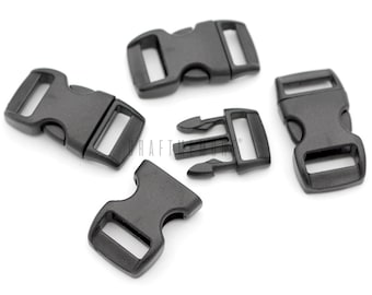May include: Five black plastic side release buckles. The buckles are used for making straps, leashes, and other crafts.