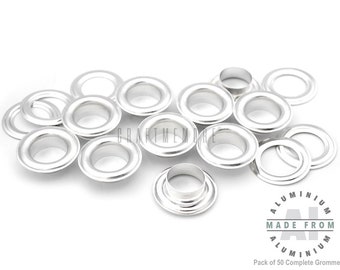 Paquete de 50 ojales de aluminio de 1/2" o 5/8" con arandelas para pancartas de vinilo y artesanía en cuero.