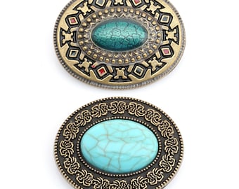 2 conchos ovalados estilo western con turquesa sintética. Adorno con cierre de rosca para marroquinería, cinturones, sombreros y bolsos.