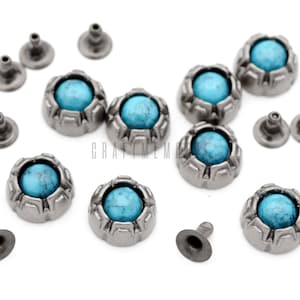 12 mm Rivetti Borchie Argento Antico Fiore con Resina Turchese Rivetto Decorativo 10pz