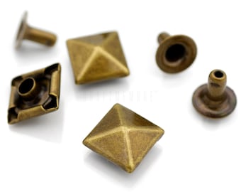 100 Antique Brass Pyramid Rivets, Rapid Rivet Studs (7, 10 mm)
