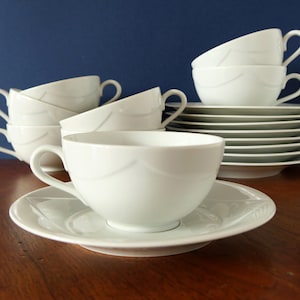 Rörstrand Sweden Quattro Bianco set of tea cups with saucers, rare collection by Birgitta Watz, Scandinavian design collectibles