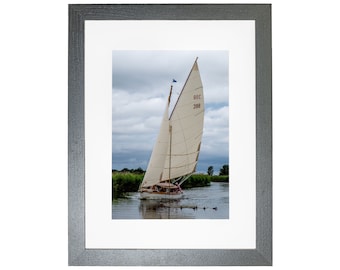May include: A white sailboat with a brown hull sails on a river with green reeds on the banks. The sail is marked with the letters "BEC" and the number "398".
