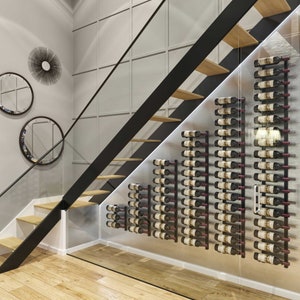 Under the Stairs Steel DIY Wine Rack Kit | Unique Custom Wine Display Stand | Sleek Modern Adjustable Design | For Home or Commercial Use