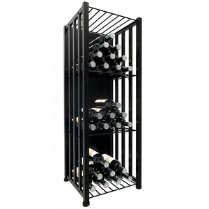 May include: A black metal wine rack with a rectangular frame and multiple shelves. The rack is filled with wine bottles, showcasing a storage solution for wine enthusiasts. The design is modern and functional, suitable for home or commercial use.