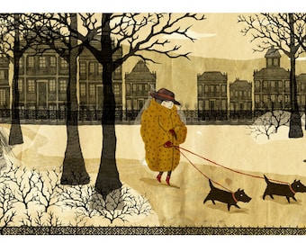 Lady with the Pet Dogs. Signed Archival Giclee Print.