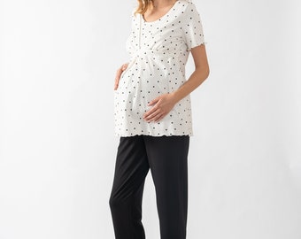 Pigiama Premaman Allattamento Allattamento bianco con pois neri - Pigiama, corredino ospedaliero, homewear, pigiameria