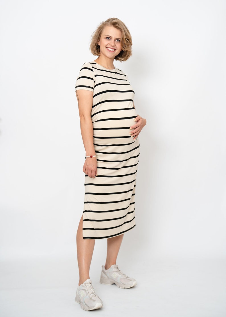 Maternity beige with black stripes midi tube dress