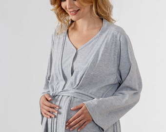 Camisón de maternidad Albornoz gris - canastilla de hospital, futura mamá, ropa de hogar, ropa de dormir