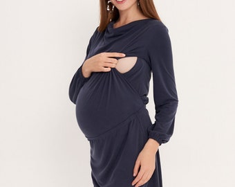 COOL mama 2 in 1 Maternity and Nursing breastfeeding Dress navy blue