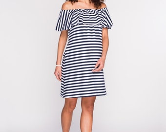 COOL mama 2 in 1 Maternity and Nursing breastfeeding Dress white and navy blue stripes