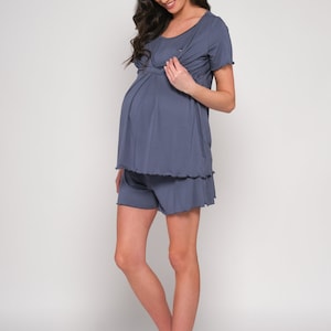 Pyjama Maternity Nursing Breastfeeding blue Pj set with shorts, hospital layette, homewear, nightwear image 3