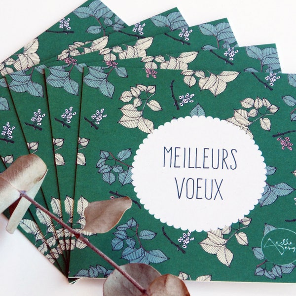 Set of 5 Axelle Design green flowers greetings cards with message "Meilleurs voeux"