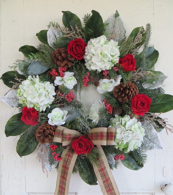 XL Christmas Wreath Green Snow Covered Hydrangeas Red Roses | Etsy