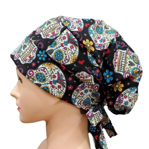 Black Day of The Dead Scrub Cap, Scrub Hat, Surgical Cap, Medical Cap, Chemo Cap with Toggle Elastic Tie Skull Heads Halloween