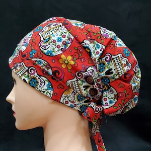 Red Day of The Dead Scrub Cap with Toggle Strap Tie Skull Heads Halloween Comfortable Fit