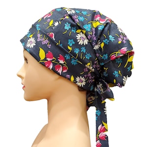 Little Wild Flowers Scrub Cap, Scrub Hat, Surgical Cap, Medical Cap, Chemo Cap with Toggle Elastic Tie