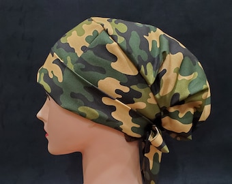 Light Green Camouflage Scrub Cap, Scrub Hat, Surgical Cap, Medical Cap, Chemo Cap with Toggle Elastic Tie