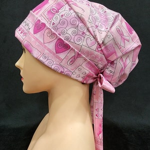 Pink Ribbon and Heart Scrub Cap with Toggle Strap Tie Comfortable Fit