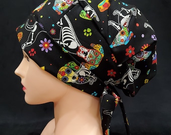 Day of The Dead Skeleton Dogs Halloween Comfortable Fit Scrub Cap with Toggle Strap Tie