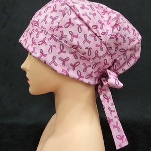 Pink Ribbons Scrub Cap with Toggle Strap Tie Comfortable Fit