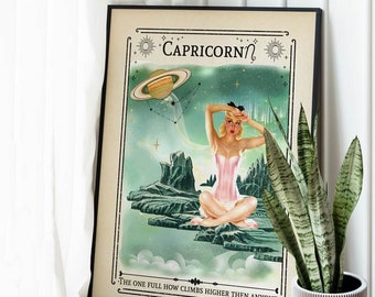 Zodiac Capricorn Pin Up girl Print Astrology Star Sign Celestial Mystical Art, Birthday Gift for friend, Tarot Card Boho Decor Neutral Decor