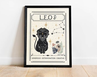 Impresión del Zodíaco Leo, Regalo de cumpleaños, Arte de Astrología, Signo Estelar, Decoración Boho, Arte Místico, Carta del Tarot, Impresión Celestial, Regalo para un amigo