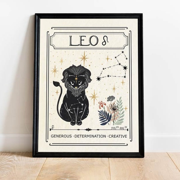 Zodiac Leo Print, Birthday Gift, Astrology Art, Star Sign, Boho Decor, Mystical Art, Tarot Card, Celestial Print, Gift for friend