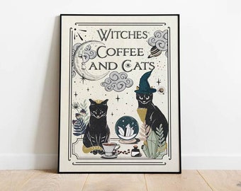 Witches Coffee and Cats Print, Mystical Art Print, Neutral Decor, Taro wall decor, Cat Art Print