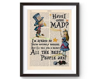 Alice in Wonderland illustratie, ben ik gek geworden quote print, Alice In Wonderland print, Bonkers, kinderkamerkunst print