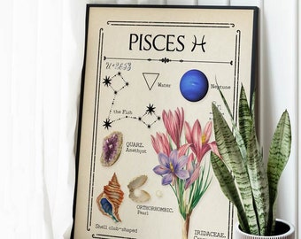 May include: A vintage-style poster with an illustration of the Pisces zodiac sign. The poster features a constellation, a blue planet, a triangle, a seashell, a pearl, a crystal, and a purple flower. The text on the poster reads "PISCES H", "U-2653", "Water", "Neptune", "the Fish", "QUARZ. Amethyst", "ORTHORHOMBIC. Pearl", "Shell club-shaped", "IRIDACEAE. Crocus".