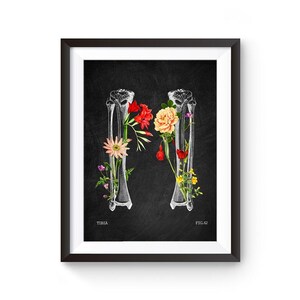 Puede incluir: Una ilustración anatómica en blanco y negro de dos huesos de la pierna humana, la tibia, con flores coloridas que crecen de los extremos de los huesos. El texto "TIBIA" y "FIG. 52" está impreso debajo de los huesos.