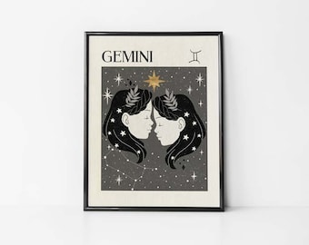 Zodiac Gemini Print, Gift for friend, Birthday, Astrology, Star Sign, Boho Decor, Celestial Print, Mystical Art, Neutral Decor, Tarot Card