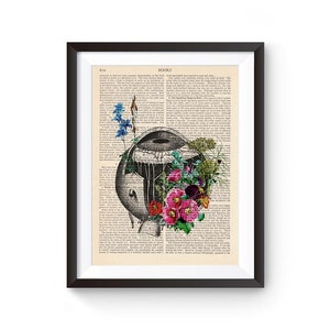 May include: A vintage book page featuring a black and white anatomical illustration of an eye. The eye is surrounded by colourful flowers, including pink, purple, blue, and yellow. The text on the page reads "BOOKS".
