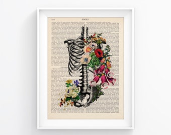 Impresión de anatomía, Cartel médico, Ilustración vintage - Flores Cuerpo floreciente - Decoración de pared Página de libro de arte decorativo Cartel vintage retro 091