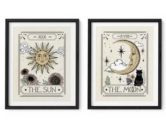 The Sun and The Moon Tarot Card Print Set of 2 for Cosmic Inspiration and Serenity Tarot Card Wall Print for Spiritual Guidance